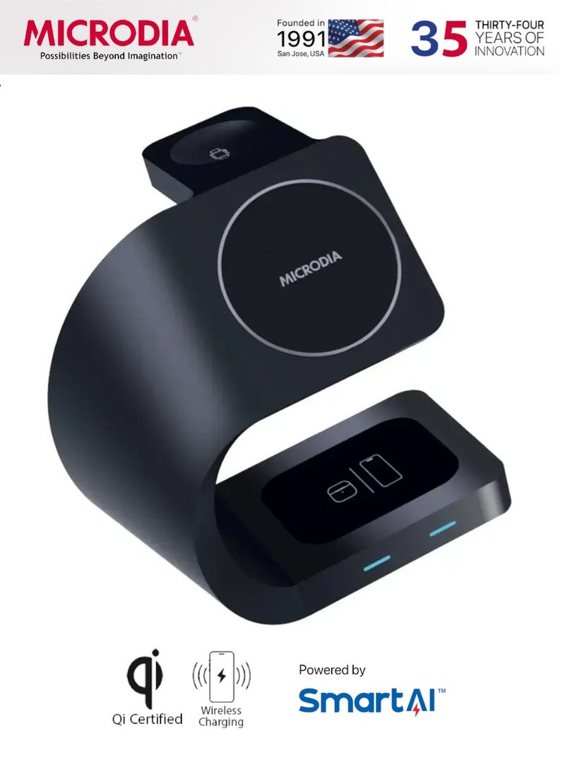 MICRODIA [[Microdia]] SNAPStation Curve Mini 23W 4-in-1 Magnetic Wireless Charging Station w/HUB, Black - Image 1
